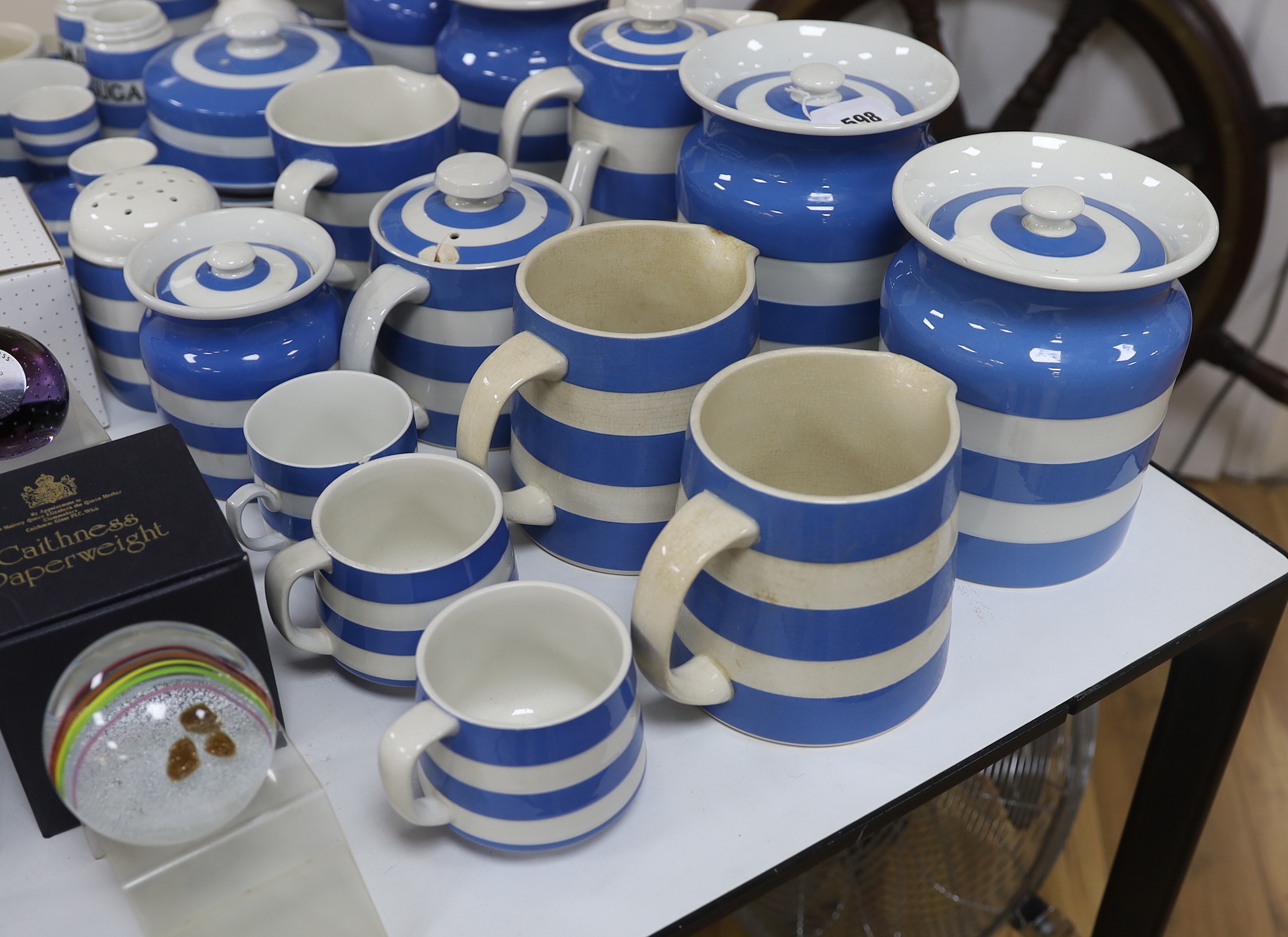 A group of Cornishware comprising mugs, jugs, lidded pots, flour shaker, bowls, salt pot, sugar pot, egg cups, etc. (37)